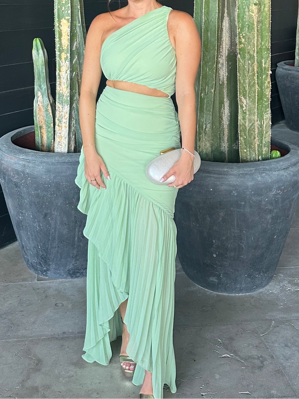 Michael Costello Mint Green One-Shoulder High-Low Ruffle Dress